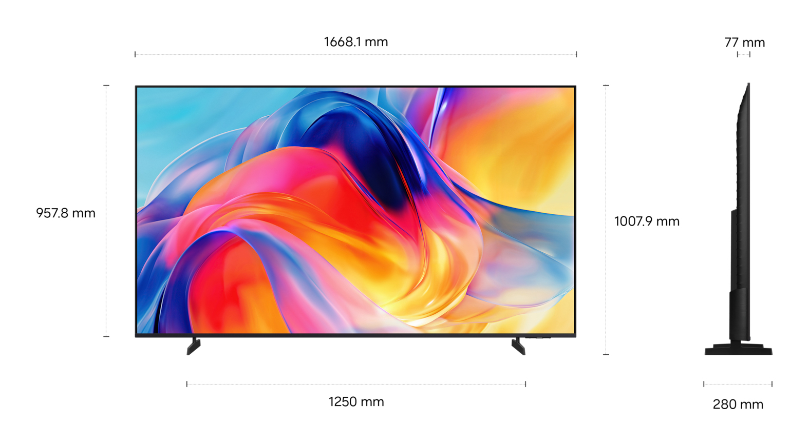 El diagrama muestra vistas frontales y laterales de un televisor con medidas.