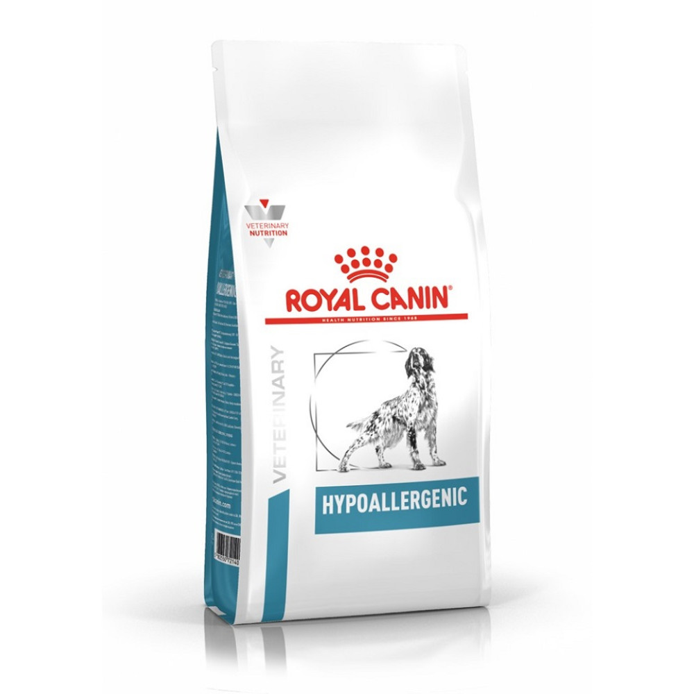 Biało-niebieska torba karm dla psów Royal Canin Hypoallergenic z ilustracją łaciatego psa.