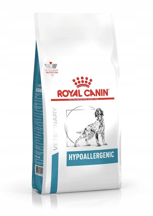 Biała torba karmowa Royal Canin Hypoallergenic z czerwonym logo i rysunkiem psa z przodu.