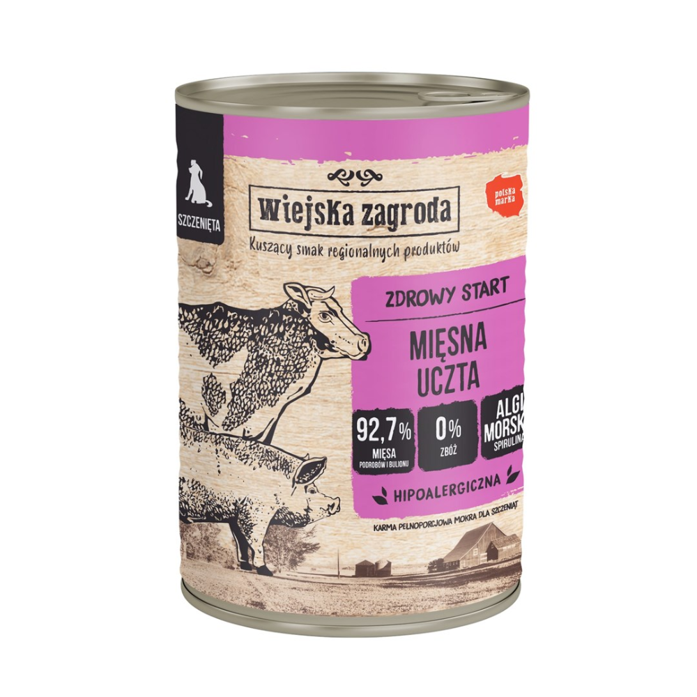 Lata de comida para perros rosa y negra de Wiejska Zagroda con animales en la etiqueta.