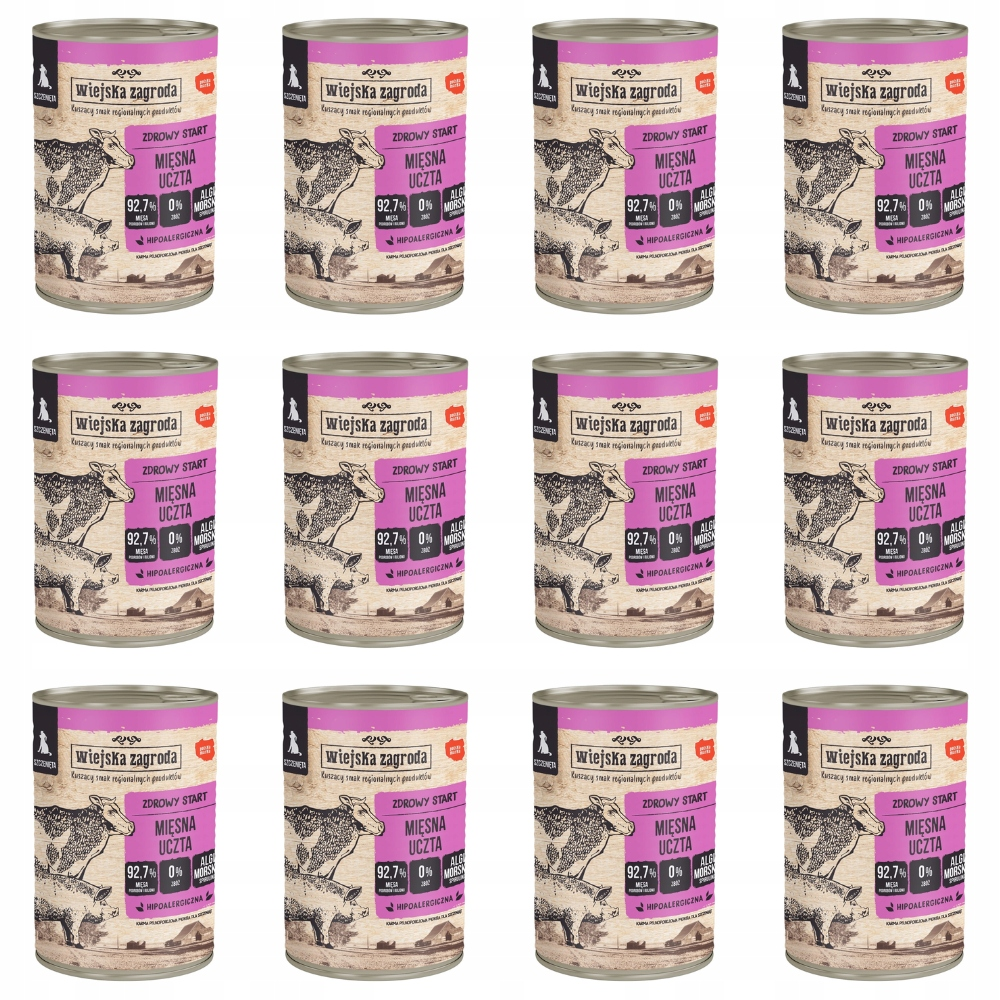 Doce latas idénticas de comida para perros con etiqueta rosa y dibujos de animales.
