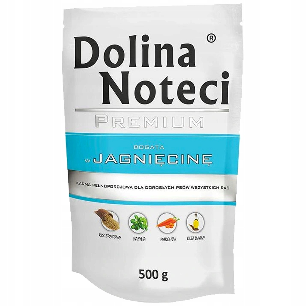 Bolsa blanca de comida para perros Dolina Noteci premium con sabor a cordero e ilustraciones.