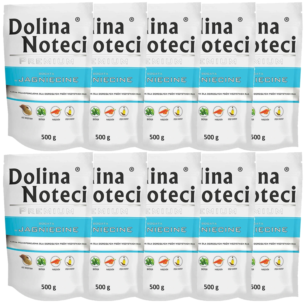 Diez bolsas blancas de comida para perros Dolina Noteci Premium con acentos azules, de 500g cada una.