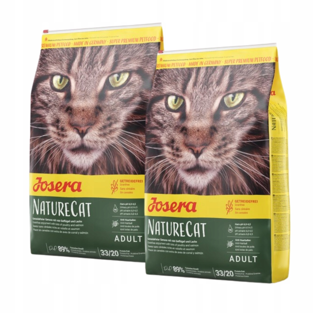 Dos bolsas amarillas de comida para gatos Josera NatureCat con la cara de un gato.
