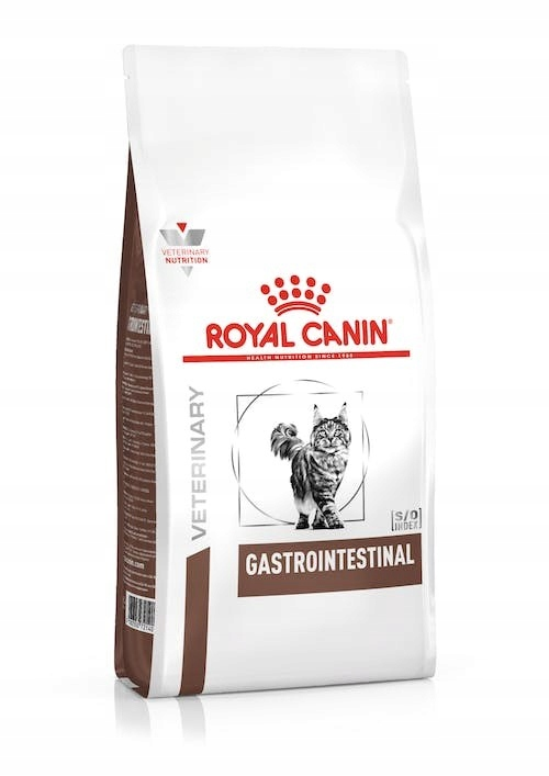 Biała torba karmya dla kota Royal Canin Veterinary Gastrointestinal z ilustracją.