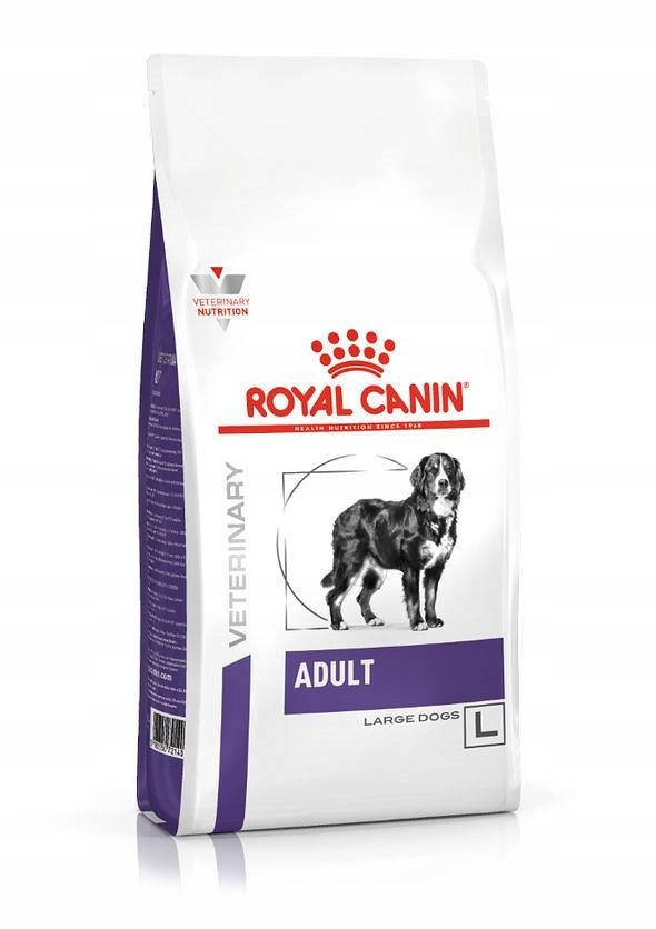 Biało-fioletowy worek z karmą Royal Canin Veterinary Adult Large Dogs z wizerunkiem psa.