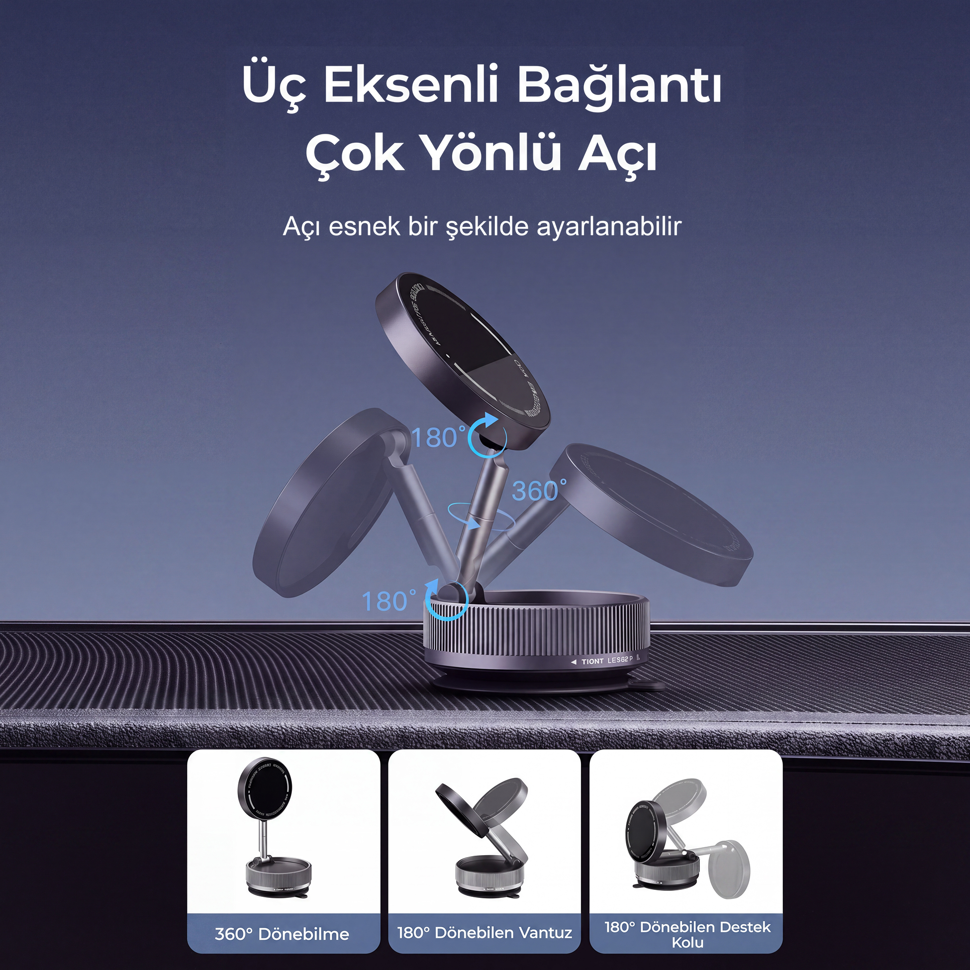 Koyu gri ayarlanabilir telefon tutucu, mavi oklarla gösterilen dönme açılarıyla.