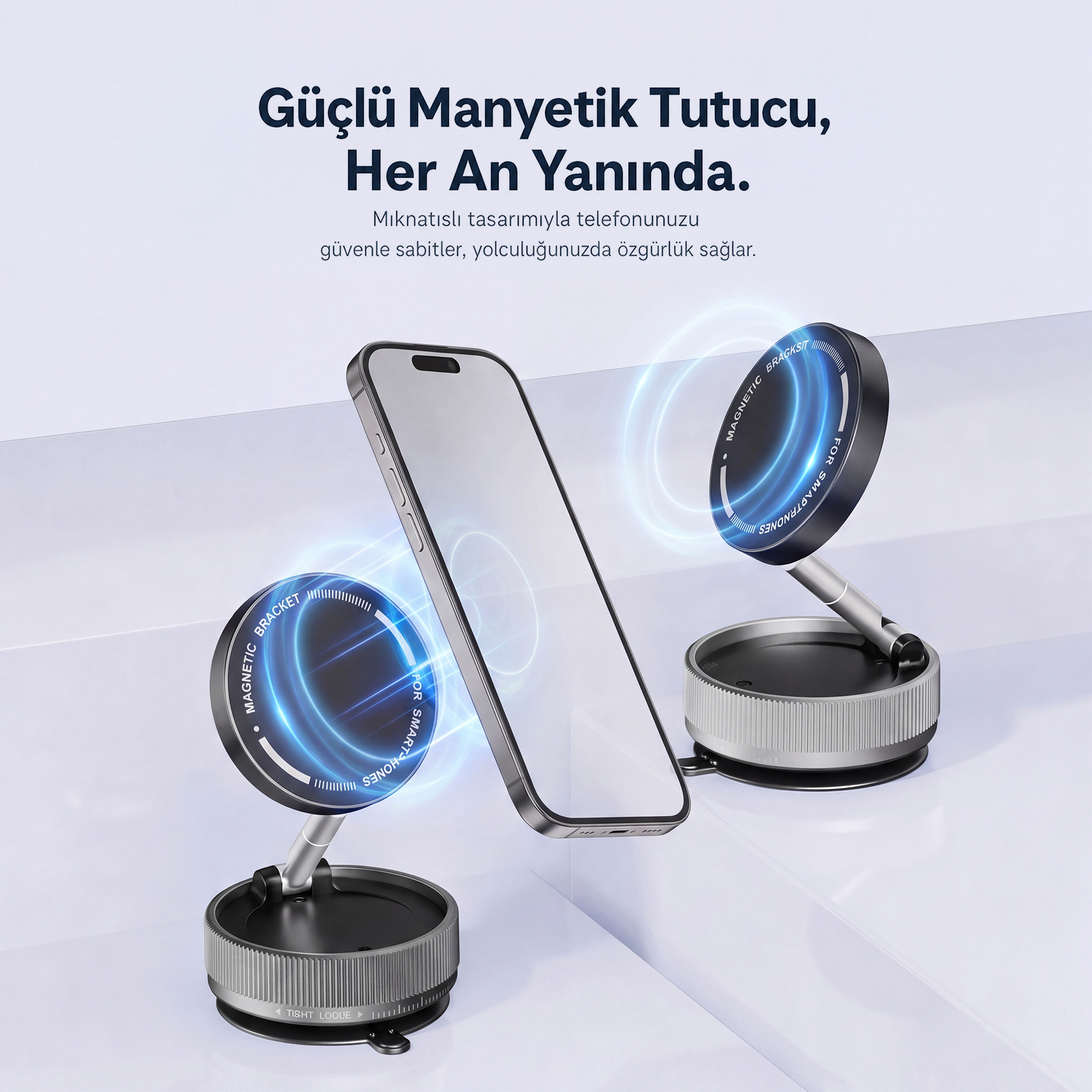 Mavi parlayan manyetik dalgalara sahip iki manyetik tutucu üzerindeki akıllı telefon.