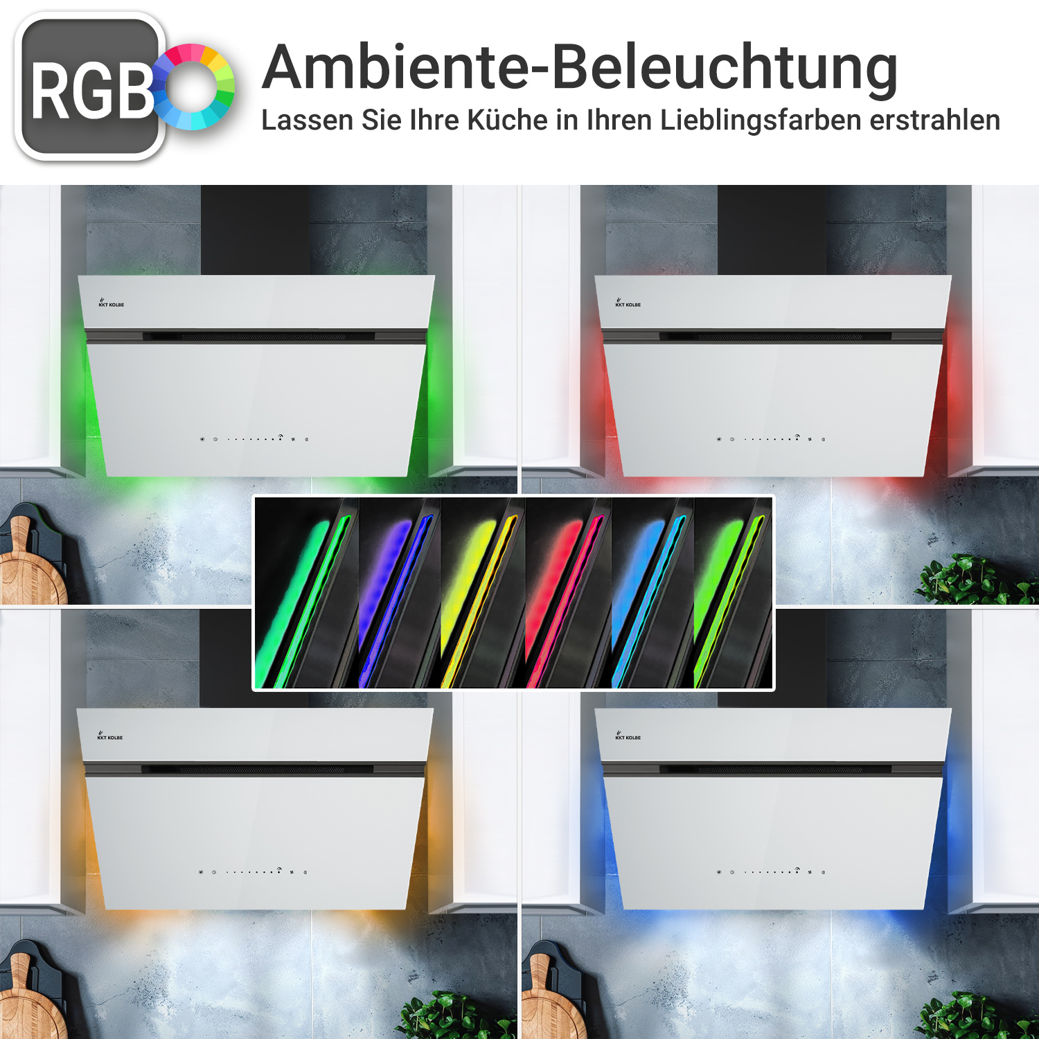 Cappa aspirante con illuminazione ambientale RGB in vari colori.