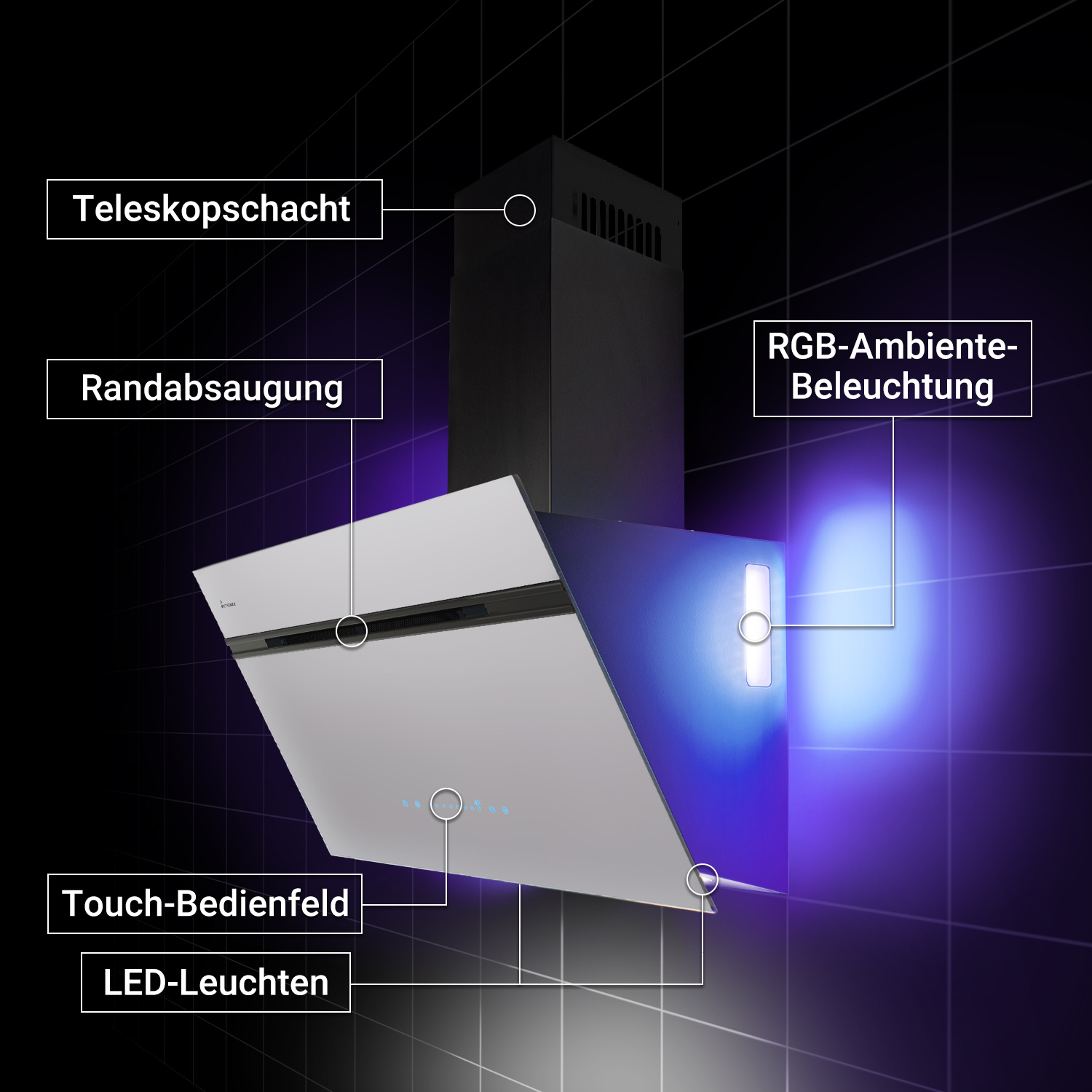 Moderna cappa aspirante con controllo touch, camino telescopico, aspirazione perimetrale e illuminazione LED e RGB.