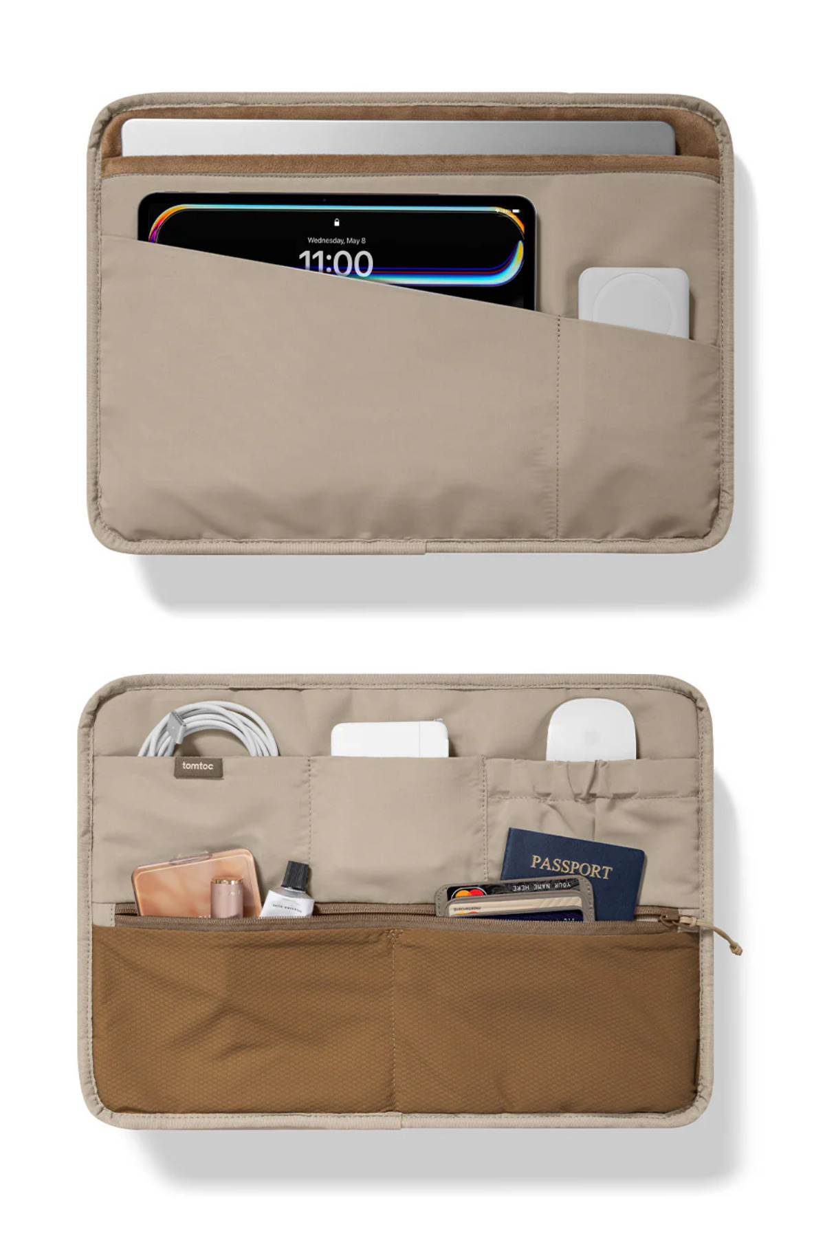 Tablet, kablolar, fare ve küçük aksesuarların bulunduğu düzenleyici cepli bej laptop kılıfı.