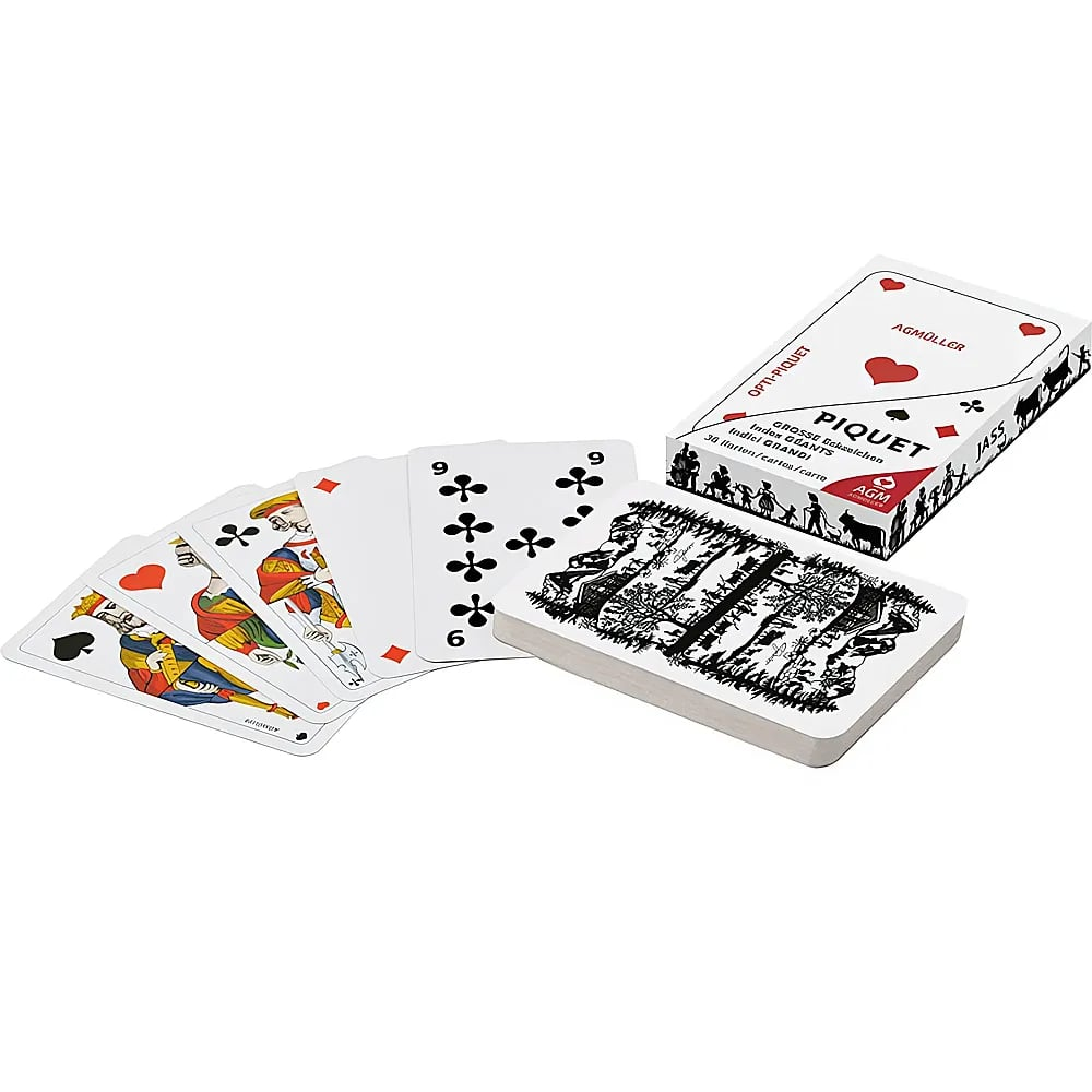Un jeu de cartes Piquet avec une boîte ouverte, un paquet de cartes et plusieurs cartes étalées en éventail.