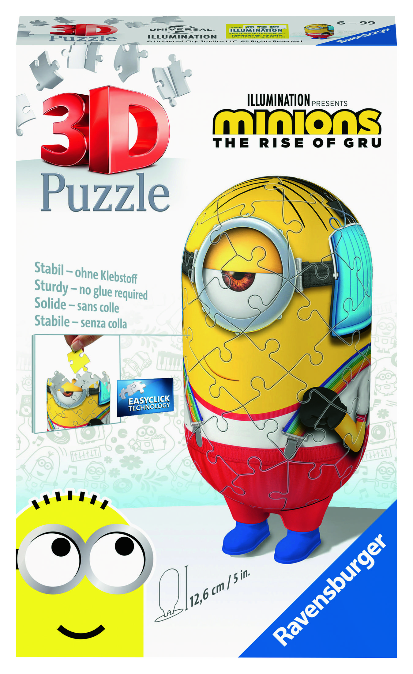 Ravensburger 3D-Puzzle Box mit einem gelben Minion mit roten Latzhosen.
