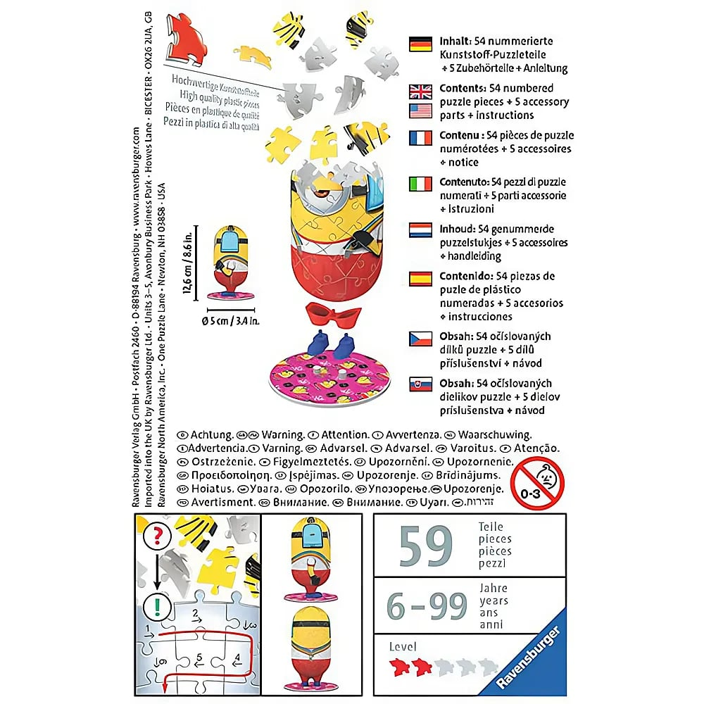 Verpackungsrückseite eines Ravensburger Minions 3D-Puzzles mit 54 Teilen, Maßen und multilingualen Hinweisen.