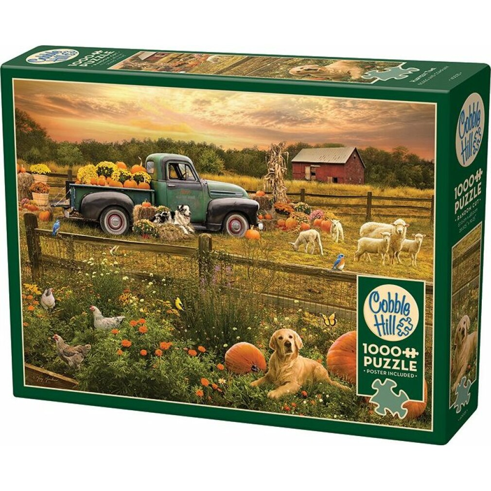 Puzzlebox mit ländlicher Herbstszene: Grüner Pickup, Schafe, Kürbisse, Hunde und ein roter Scheunenbau.