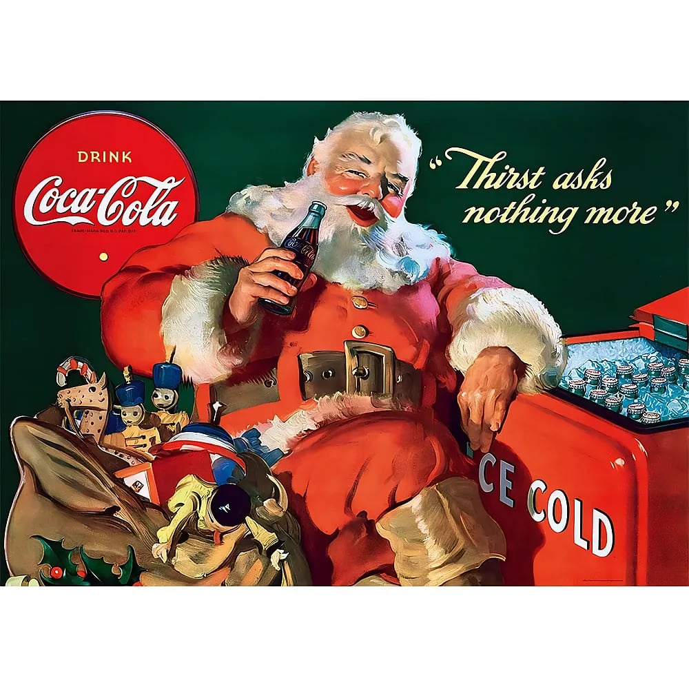 Vintage Coca-Cola-Poster mit Weihnachtsmann, der eine Glasflasche neben einer roten Kühlbox hält.