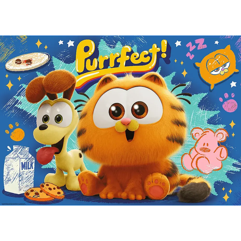 Eine orange Katze und ein gelber Hund sitzen vor blauem Hintergrund mit Milch und Keksen.