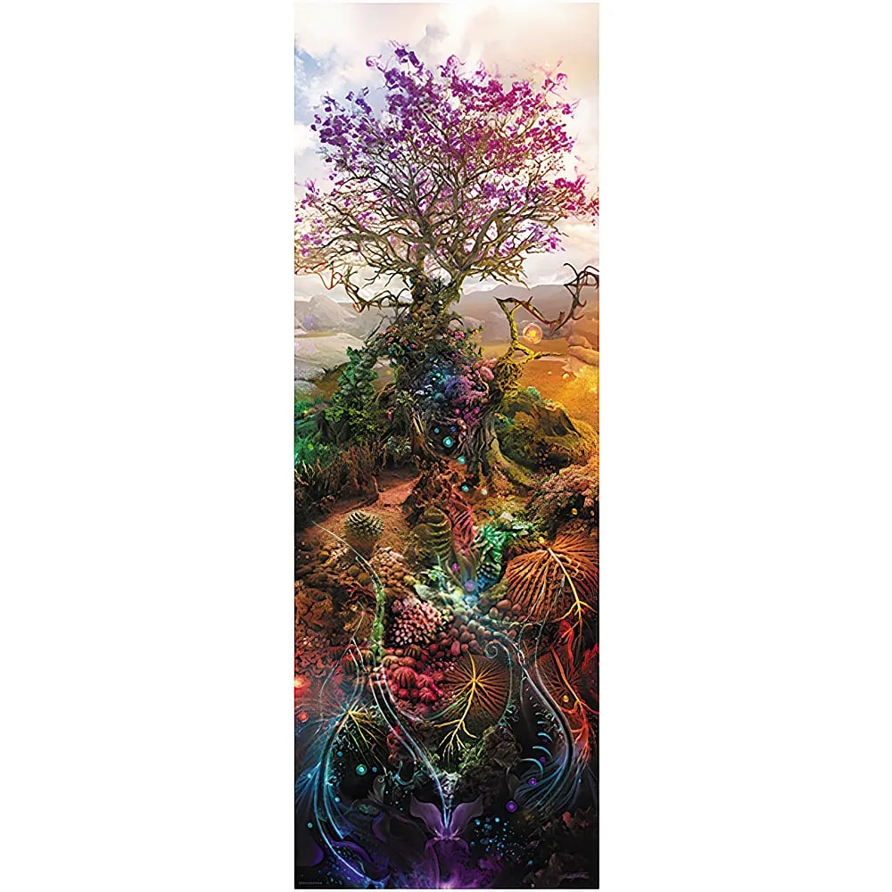 Ein Fantasy-Baum mit lebendigen lila Blüten in einer magischen Landschaft, der unten in bunte Wurzeln übergeht.