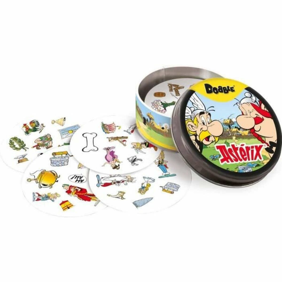 Set di giochi di carte Dobble Asterix con scatola di latta rotonda e carte dei personaggi con vari simboli.