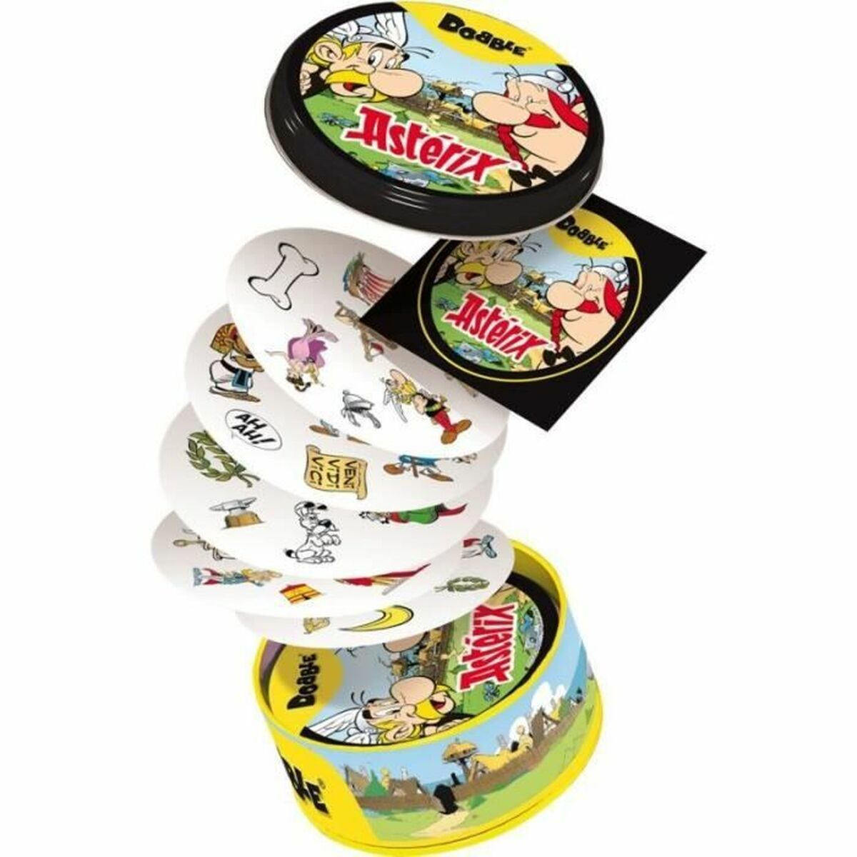 Una scatola di carte Asterix Dobble con carte rotonde che fluttuano fuori.