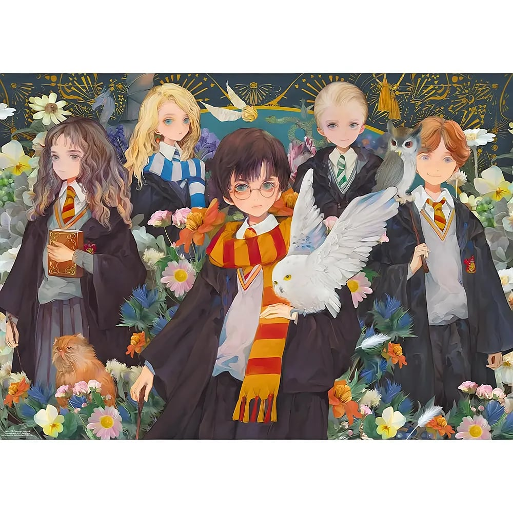 Fünf junge Anime-Zauberer in Roben und Krawatten posieren mit magischen Kreaturen inmitten bunter Blumen.