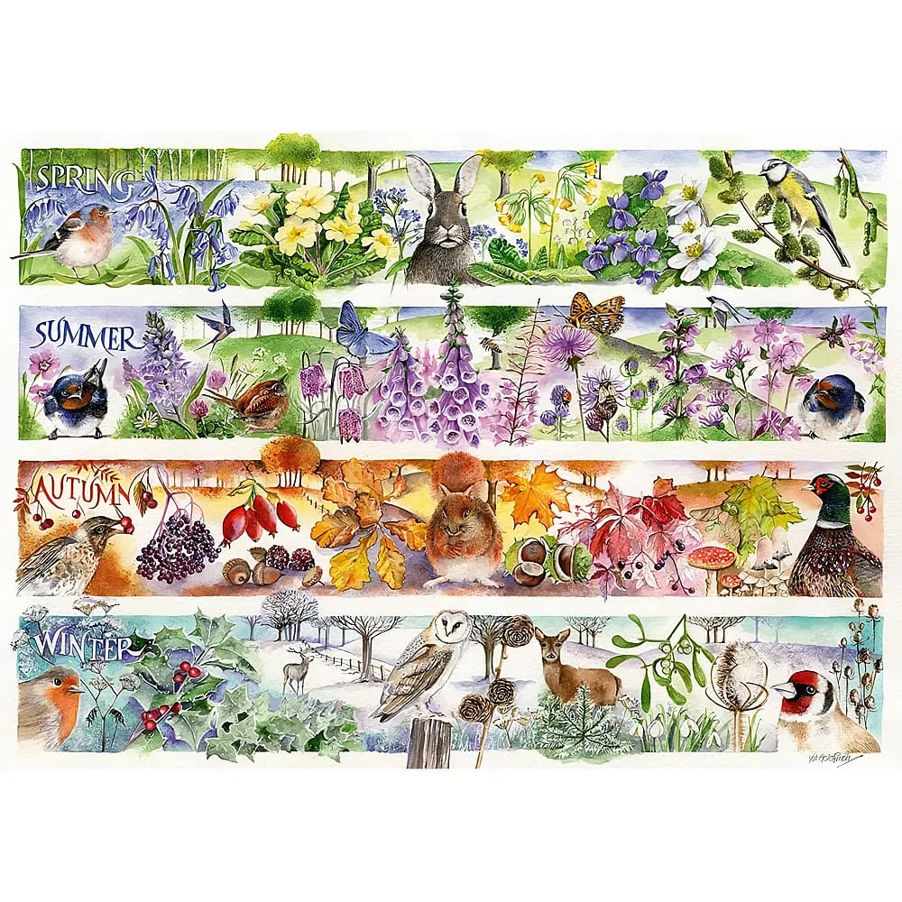 Aquarellillustration zeigt vier horizontale Streifen für Frühling, Sommer, Herbst und Winter mit Tieren und Blumen.