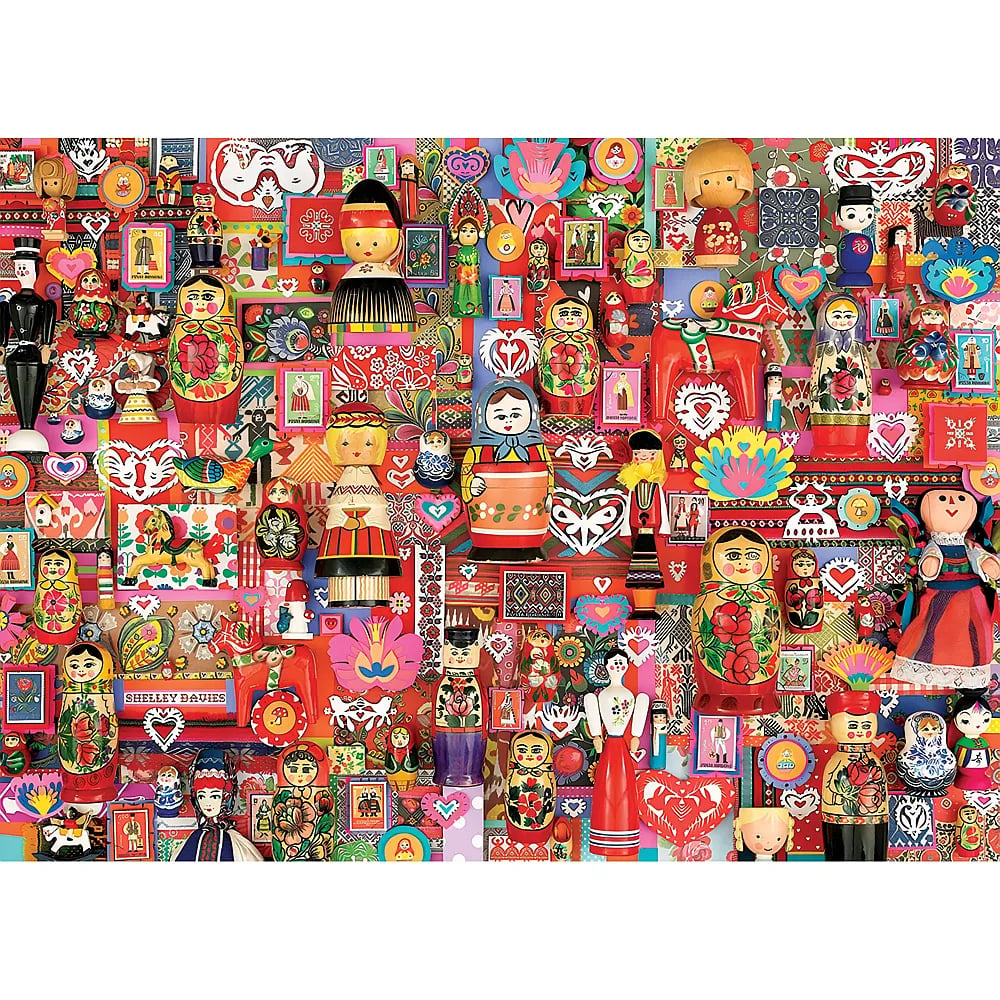 Eine bunte Collage aus russischen Matrjoschka-Puppen, Herzen, Mustern und bunten Motiven.