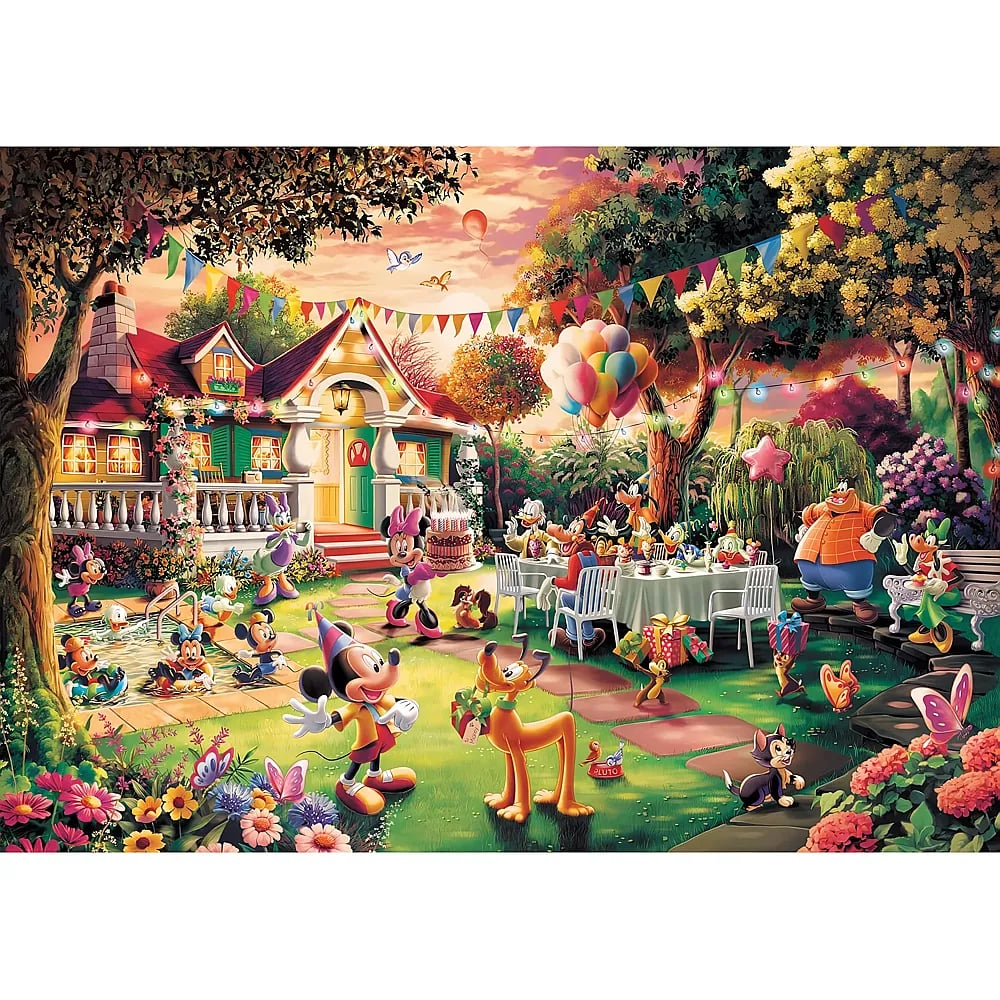 Micky Maus und seine Freunde feiern eine lebhafte Gartenparty mit Kuchen, Lichtern und Geschenken.