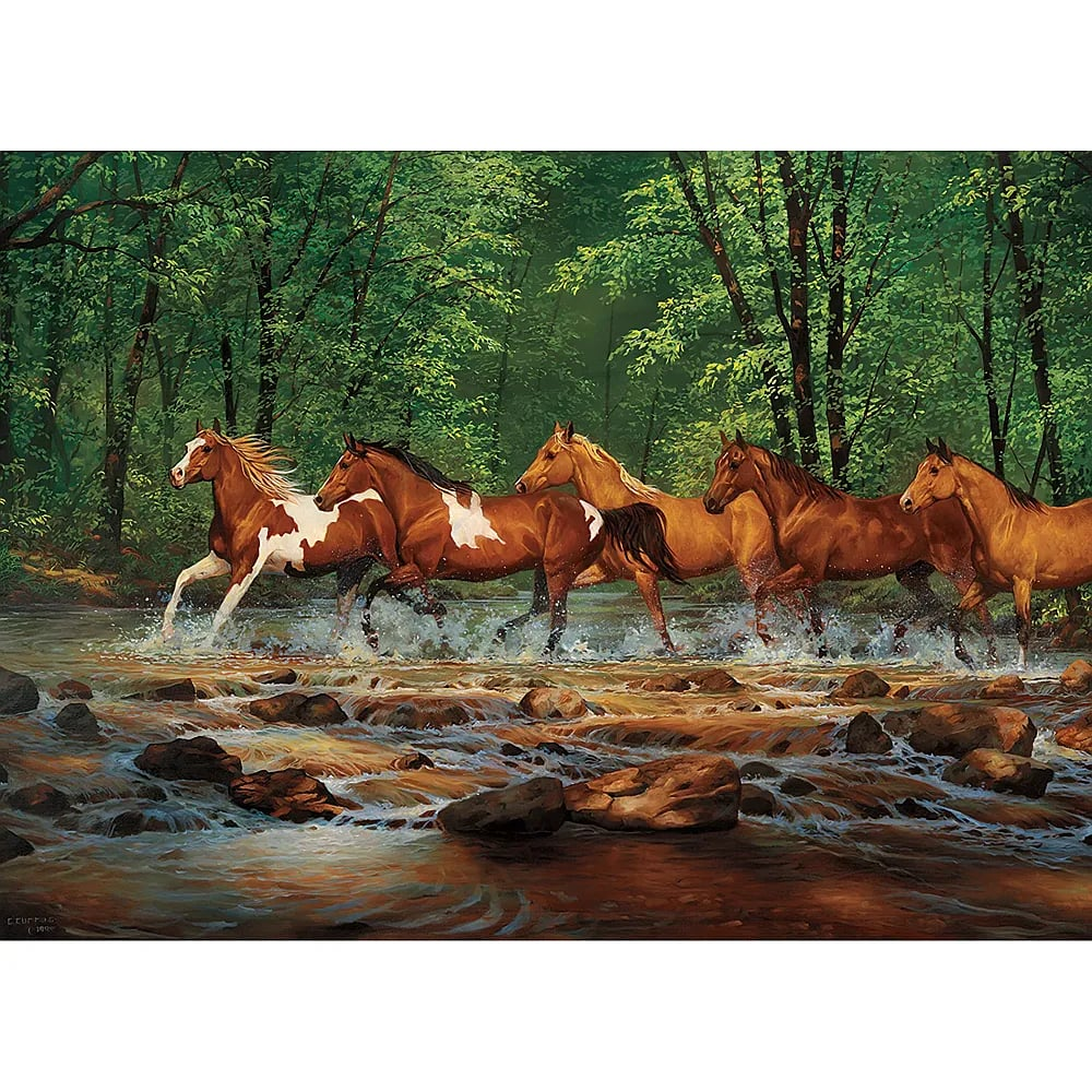 Fünf Pferde galoppieren durch einen flachen, steinigen Fluss in einem üppigen grünen Wald.