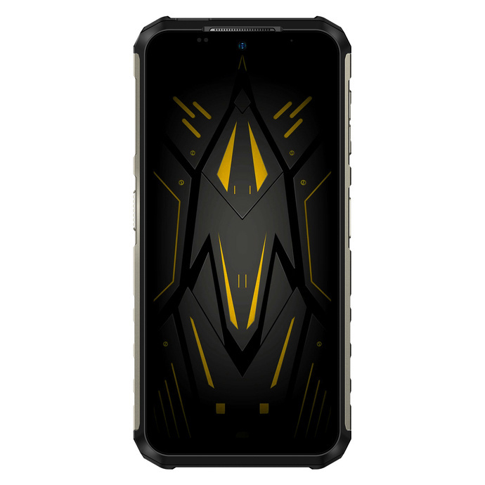Wytrzymały czarny smartfon z futurystyczną żółto-czarną tapetą na ekranie.