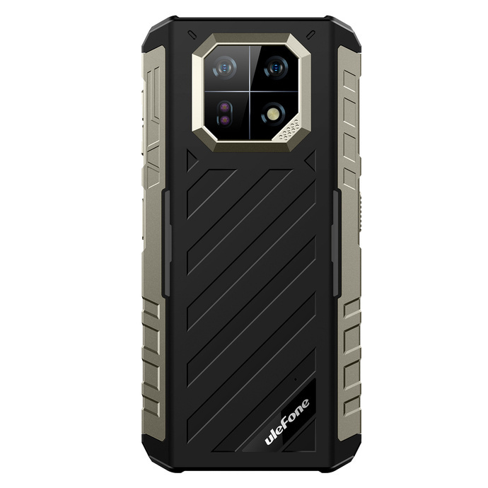 Widok z tyłu wytrzymałego czarnego smartfona z modułem czterech aparatów, zielonymi akcentami i logo Ulefone.