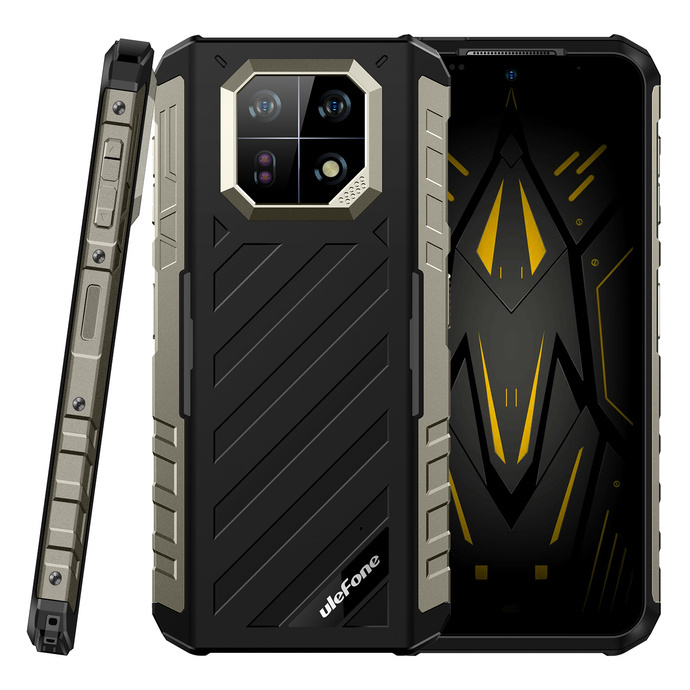 Wytrzymały czarno-szary smartfon Ulefone pokazany z tyłu, z boku i z przodu.