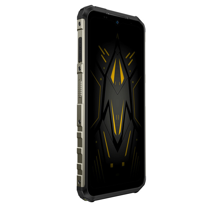 Wytrzymały smartfon z czarno-złotym ekranem, przyciskami bocznymi i śrubami.