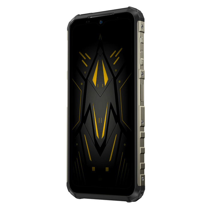 Czarno-złoty pancerny smartfon ze wzorzystym ekranem i bocznymi przyciskami na białym tle.