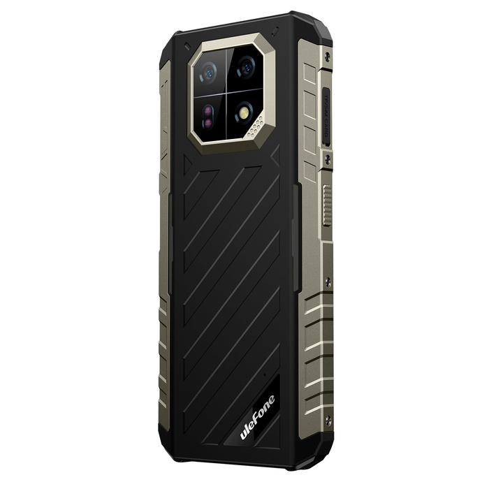 Wytrzymała czarno-szara obudowa smartfona z modułem czterech aparatów i logo Ulefone.