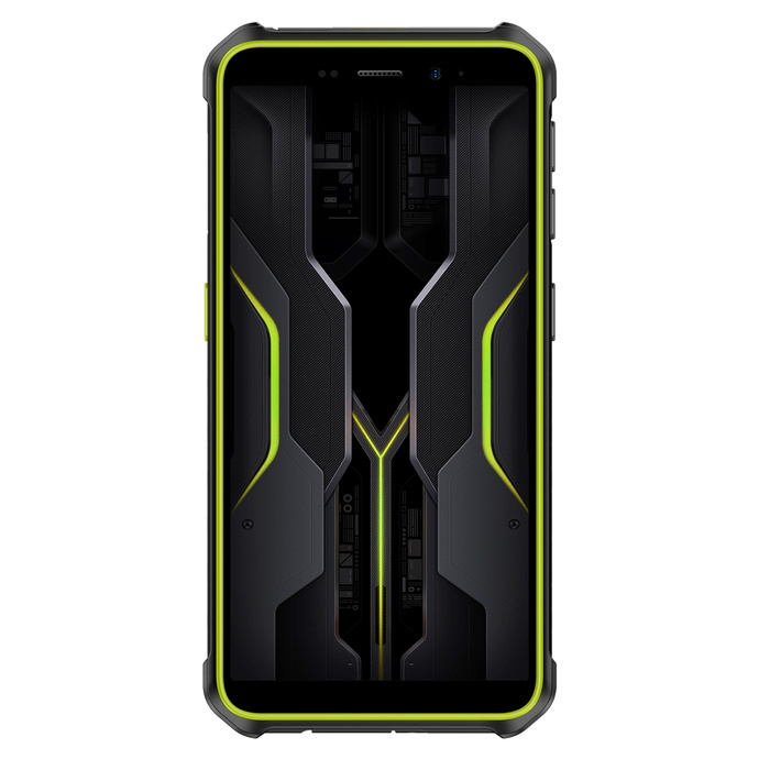 Czarny smartfon z zieloną ramką i futurystyczną tapetą.