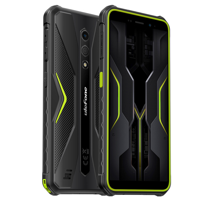 Czarno-żółty smartfon Ulefone, pokazujący przód i tył.