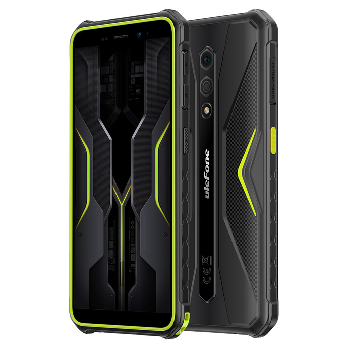 Wytrzymały czarny smartfon z neonowo zielonymi akcentami pokazany jest z przodu i z tyłu.