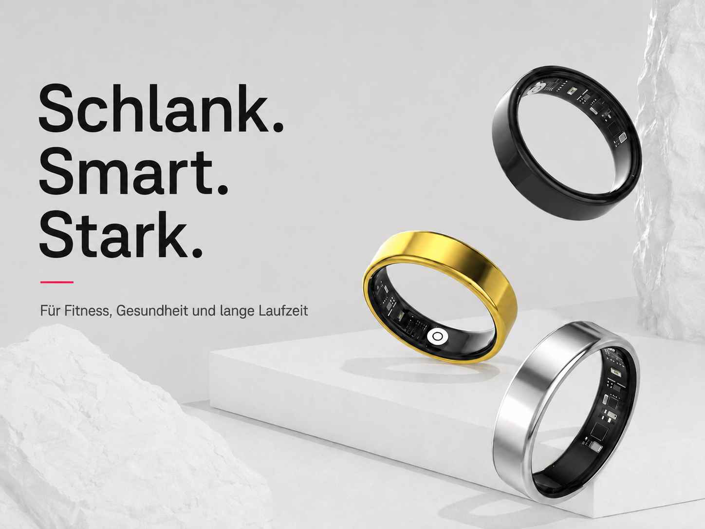 Drei smarte Ringe in Schwarz, Gold und Silber vor weißem Hintergrund mit deutschem Werbetext.