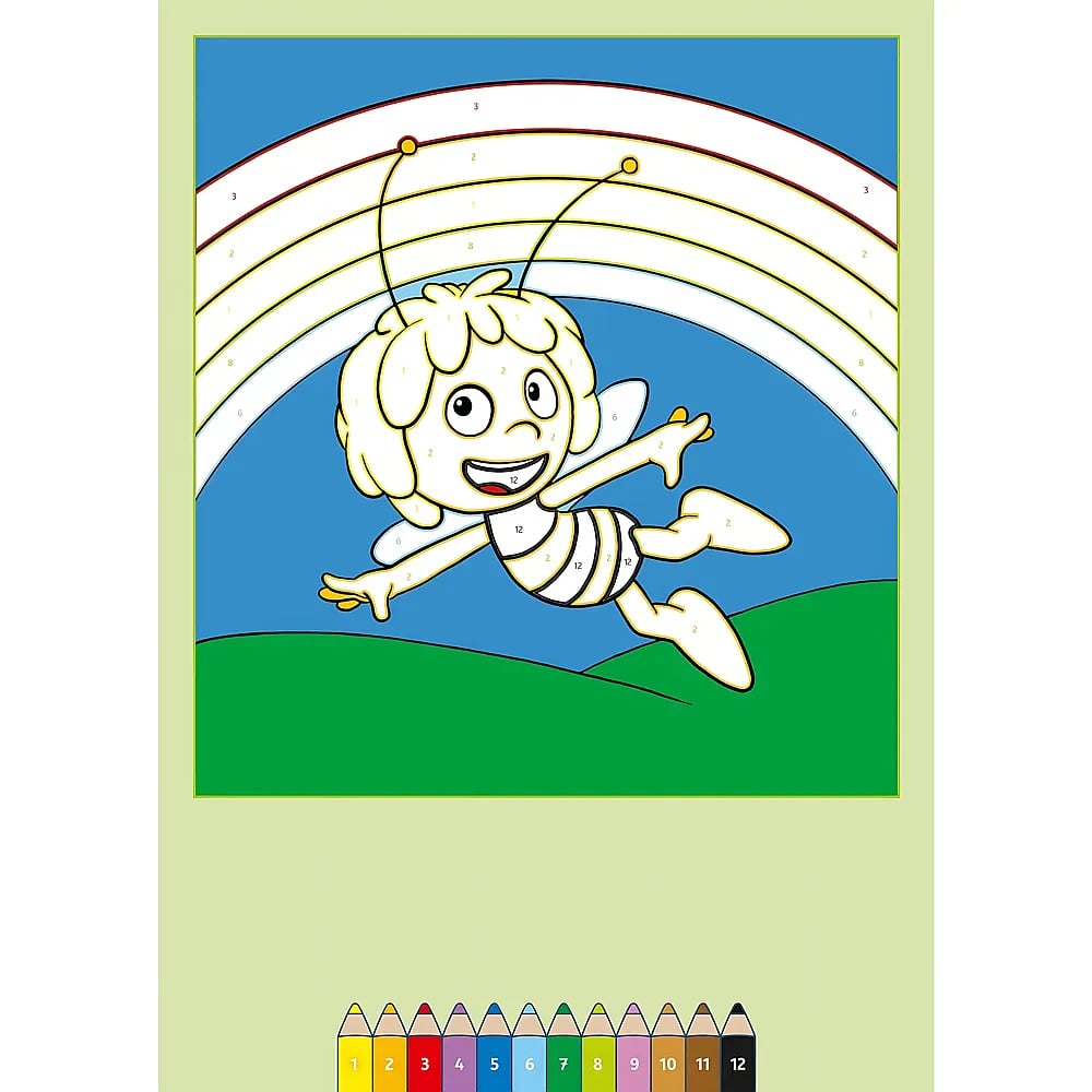Pagina da colorare con ape cartoon che vola su sfondo arcobaleno e matite colorate numerate in basso.