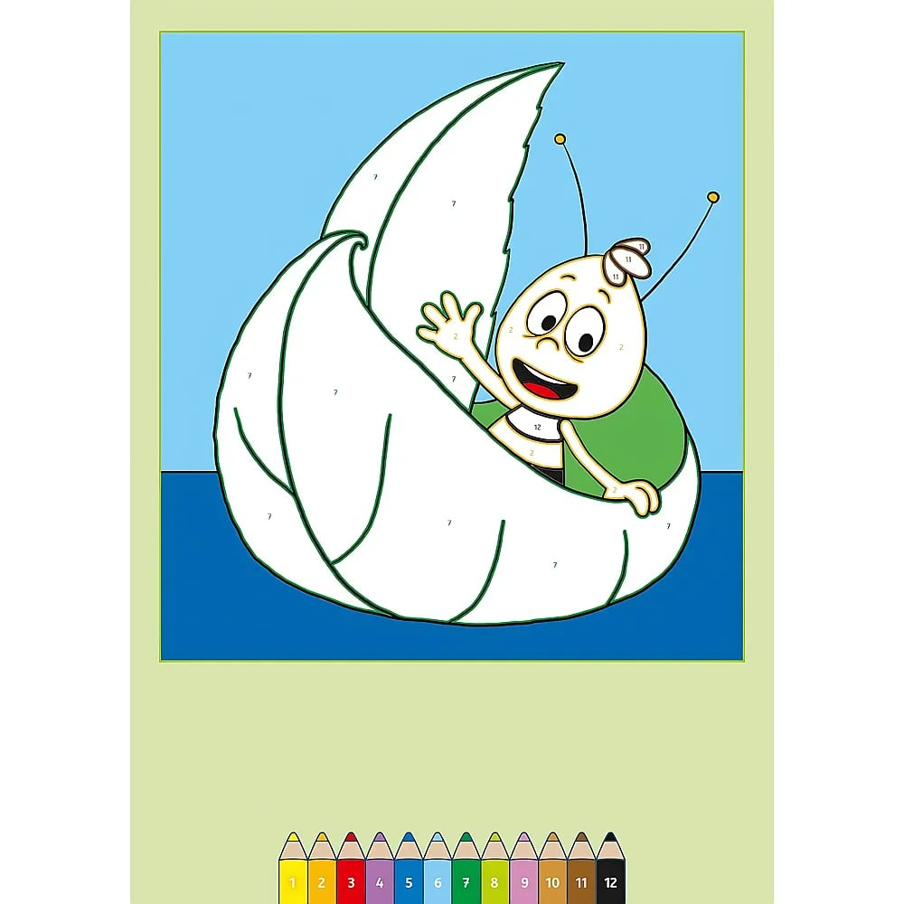 Una pagina da colorare mostra un'ape in una barca a forma di foglia, con dodici matite colorate.