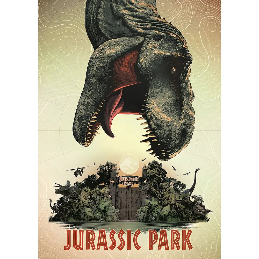 Jurassic Park Poster mit einem großen T-Rex Kopf über dem Parkeingang mit Dschungel und Hubschrauber.