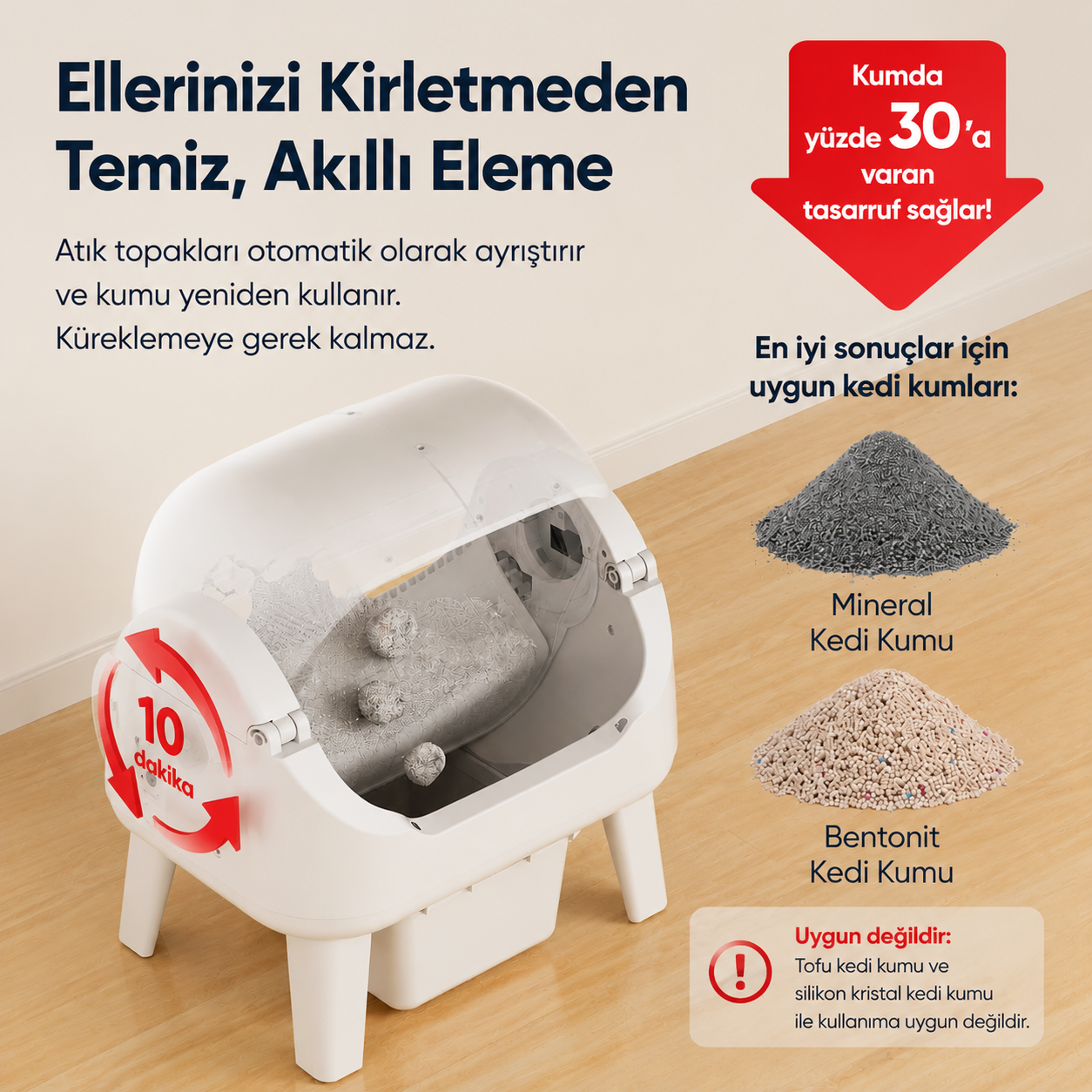 Ahşap arka planda metin ve kedi kumu yığınları olan otomatik kedi tuvaleti reklamı.