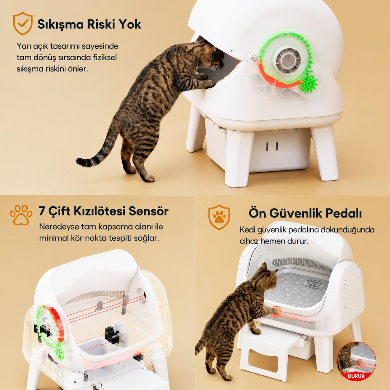 Otomatik kedi kumunu inceleyen bir kedi, sıkışma önleyici tasarımı ve kızılötesi sensörleri gösteriyor.
