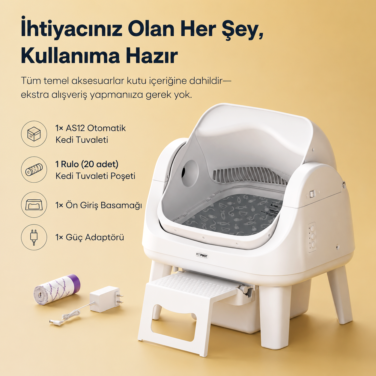 Sarı arka planda aksesuarlarıyla birlikte beyaz otomatik kedi tuvaleti.