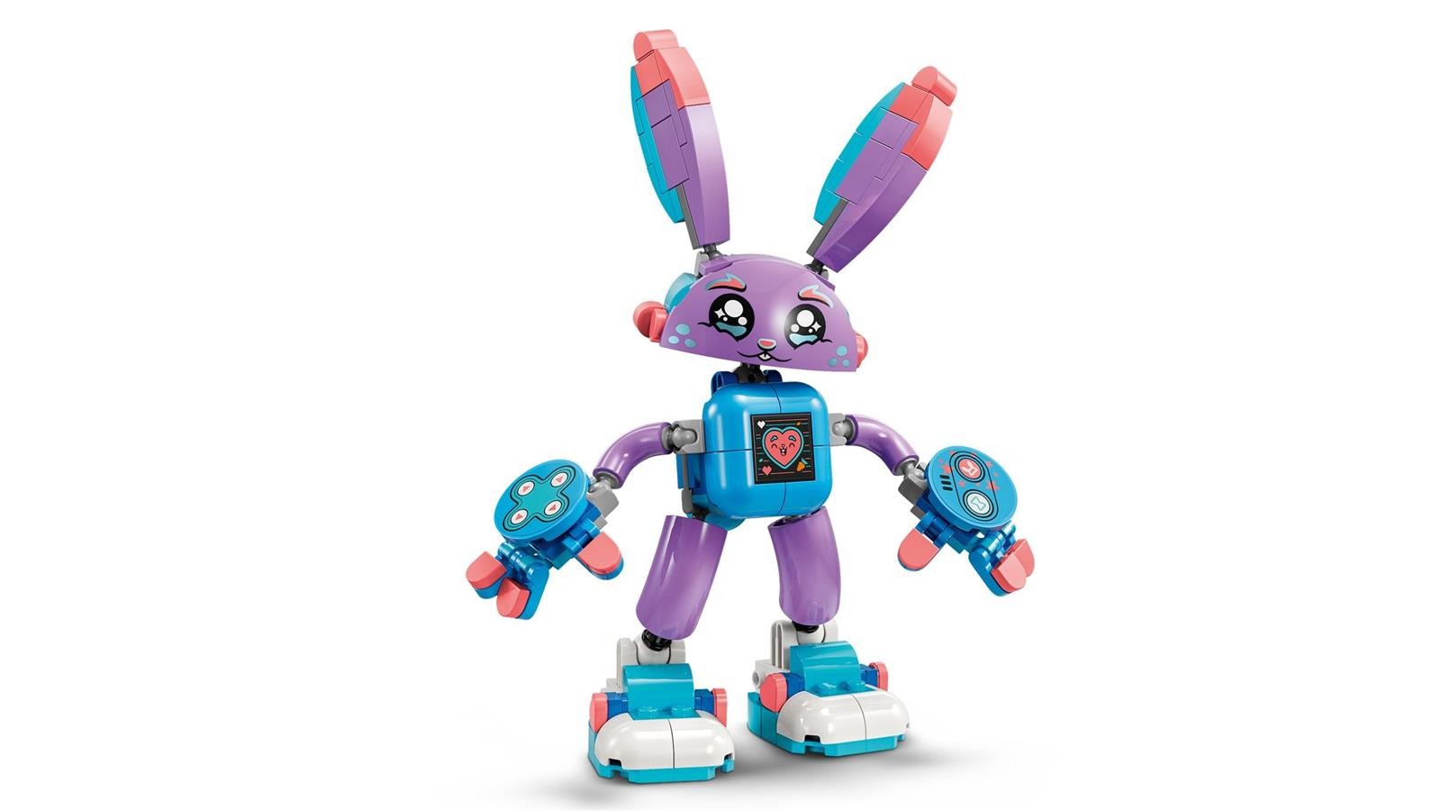 Ein bunter Roboter aus Bauklötzen mit Hasenohren, blauem Körper, violetten Gliedmaßen und Controller-Händen.