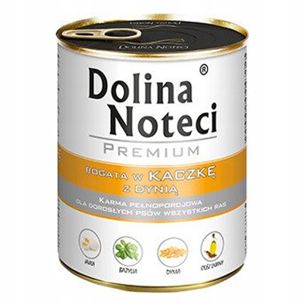 Lata de comida para perros Dolina Noteci Premium de pato con calabaza.