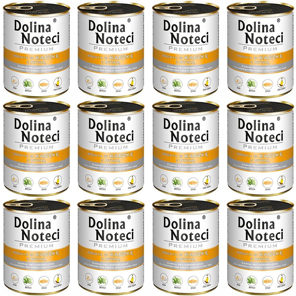 Doce latas idénticas de comida para perros "Dolina Noteci Premium" con texto amarillo sobre fondo blanco.