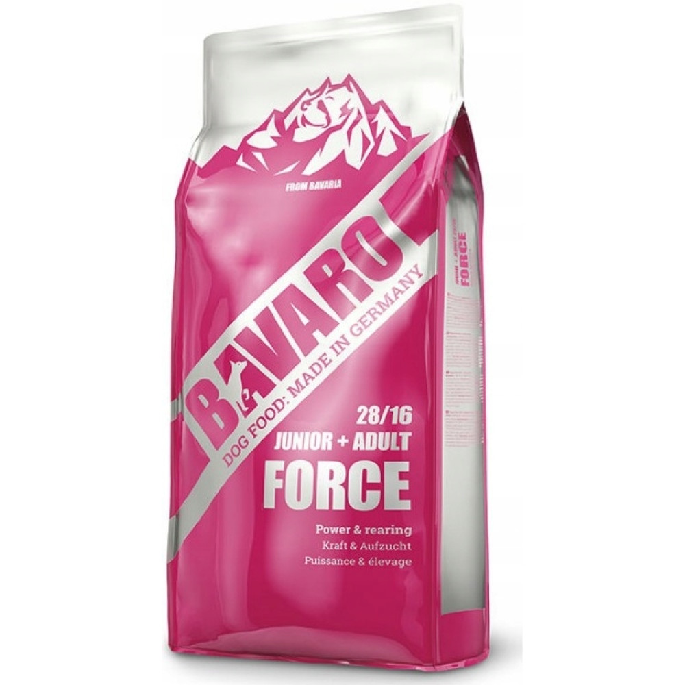 Różowo-biały worek karmy dla psów Bavaro Force z logo.