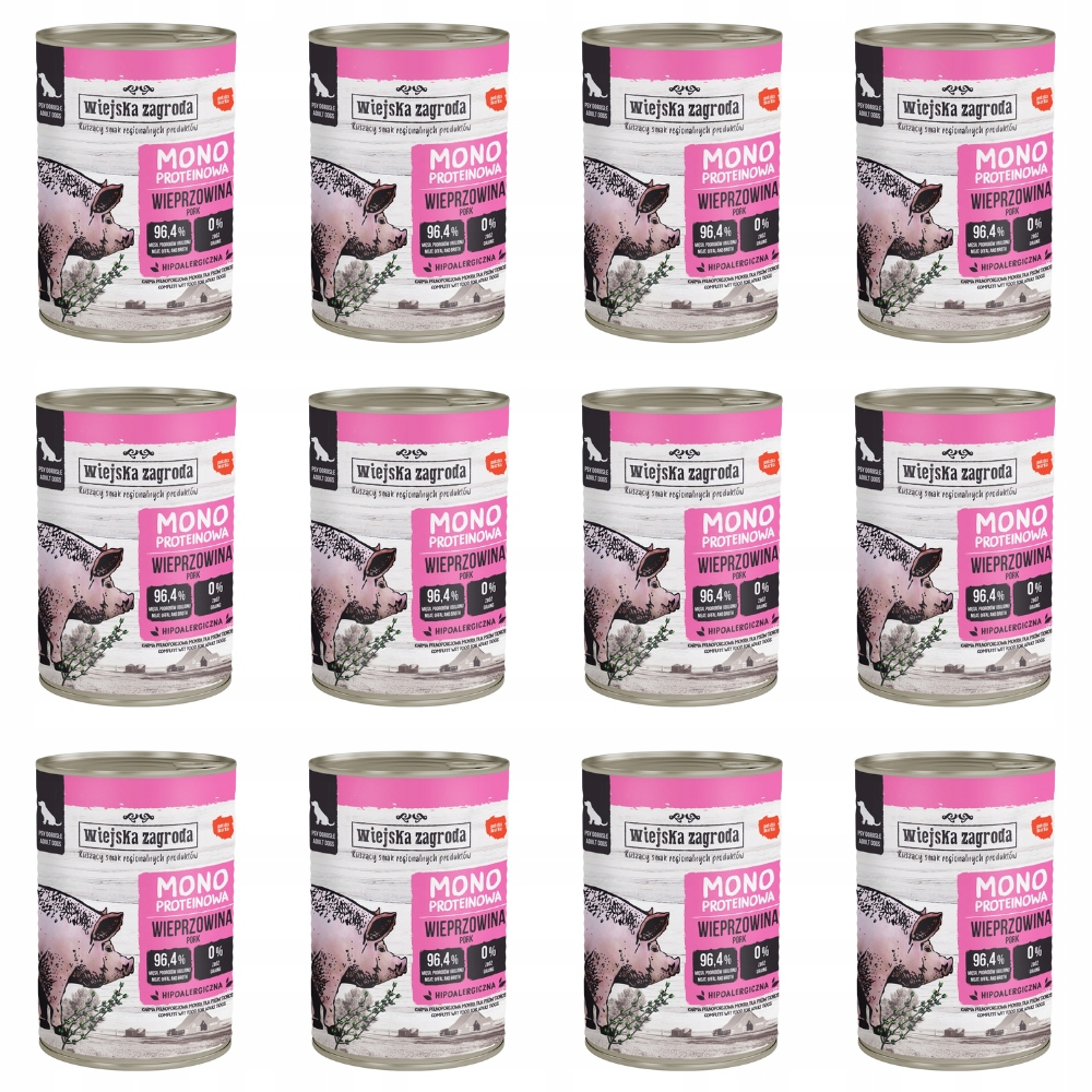 Doce latas idénticas de comida para perros en una cuadrícula, con el texto Wiejska Zagroda, un cerdo y detalles en rosa.